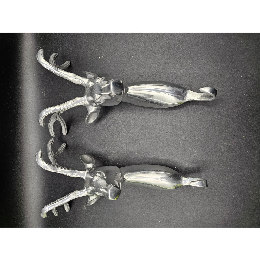 Silver Deer Head Wall Hooks Set of 2 Polished Metal Buck Antler Coat Rack Z1